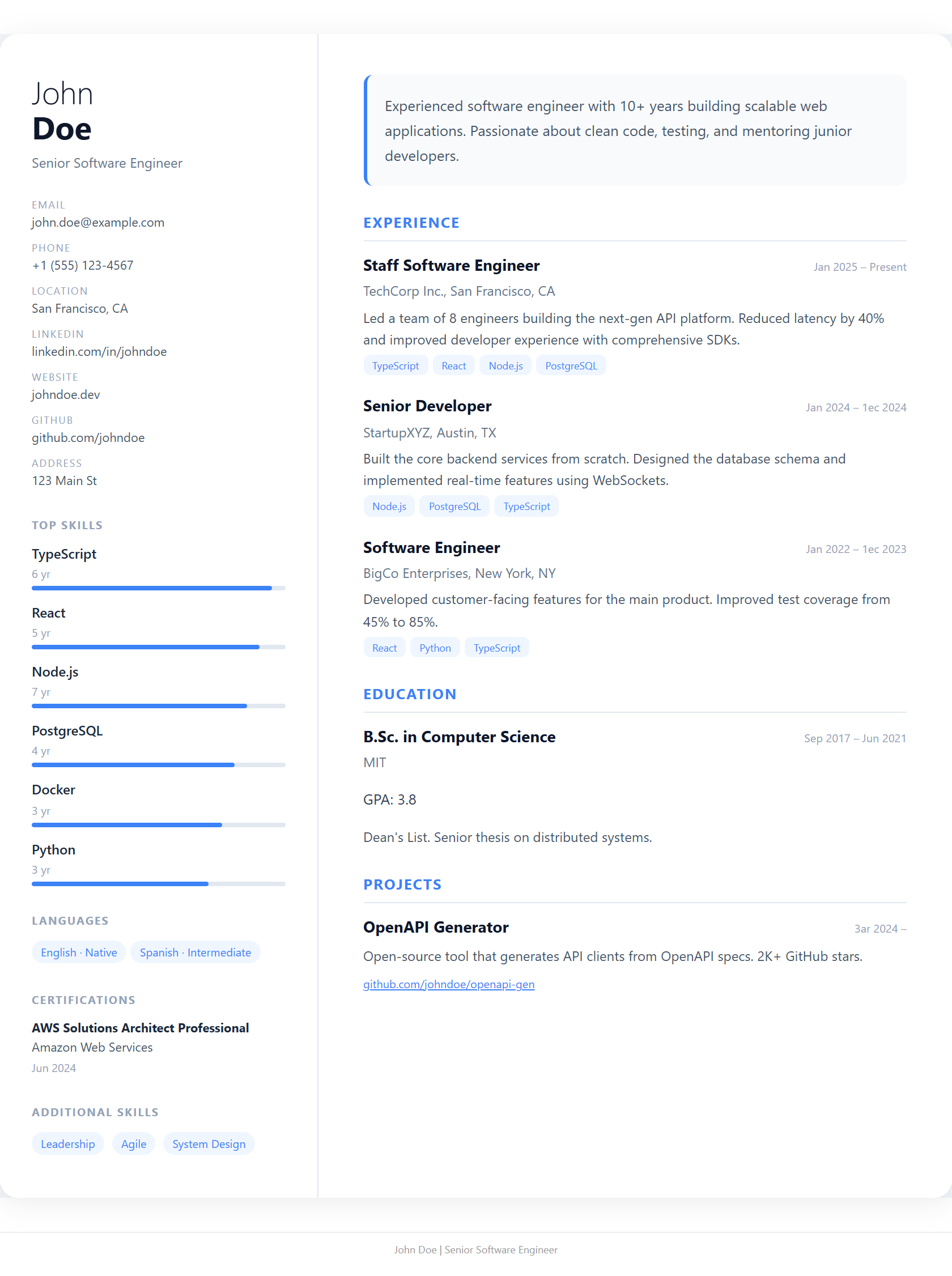Minimal template — example resume generated by Best JobFinder's AI for a job description