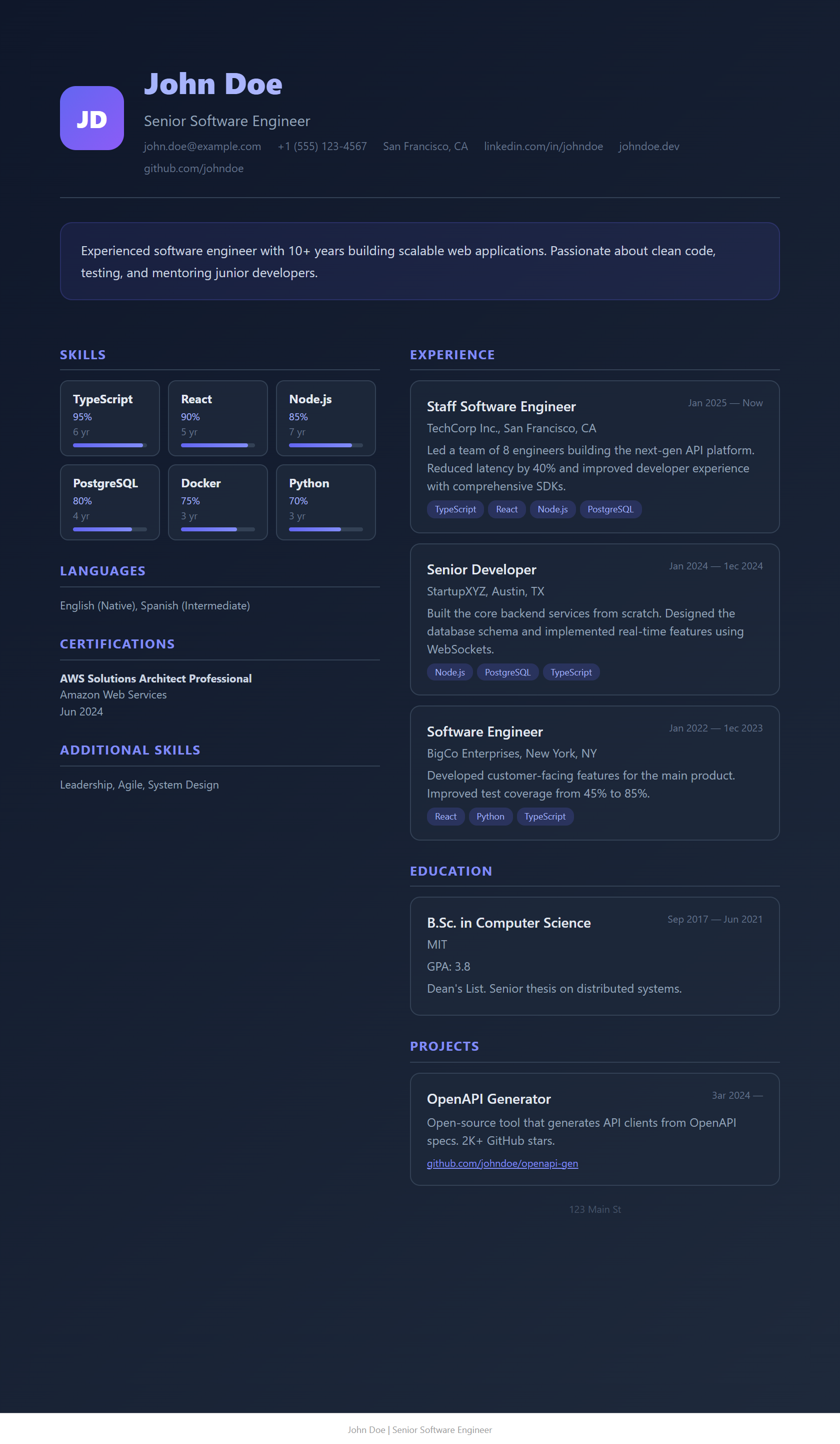 Dark-mode AI-generated resume template with violet accents, tailored for a software engineering job description