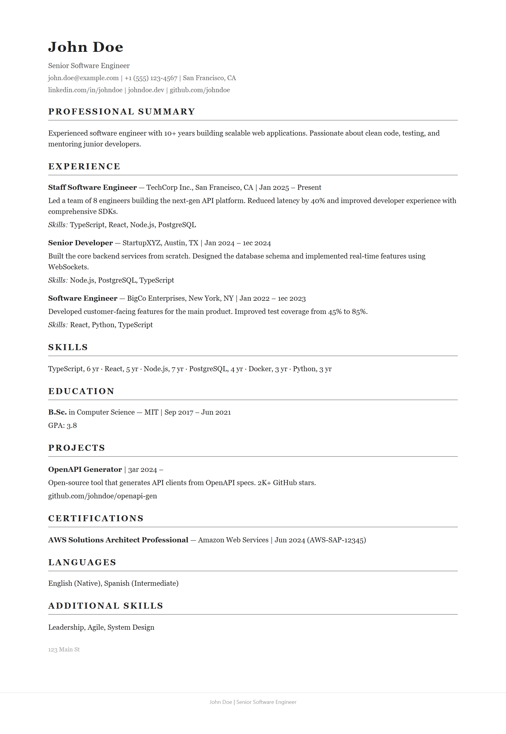 Classic template — example resume generated by Best JobFinder's AI for a job description